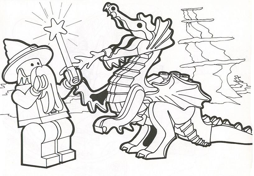 coloriage sorcier lego combattant un dragon